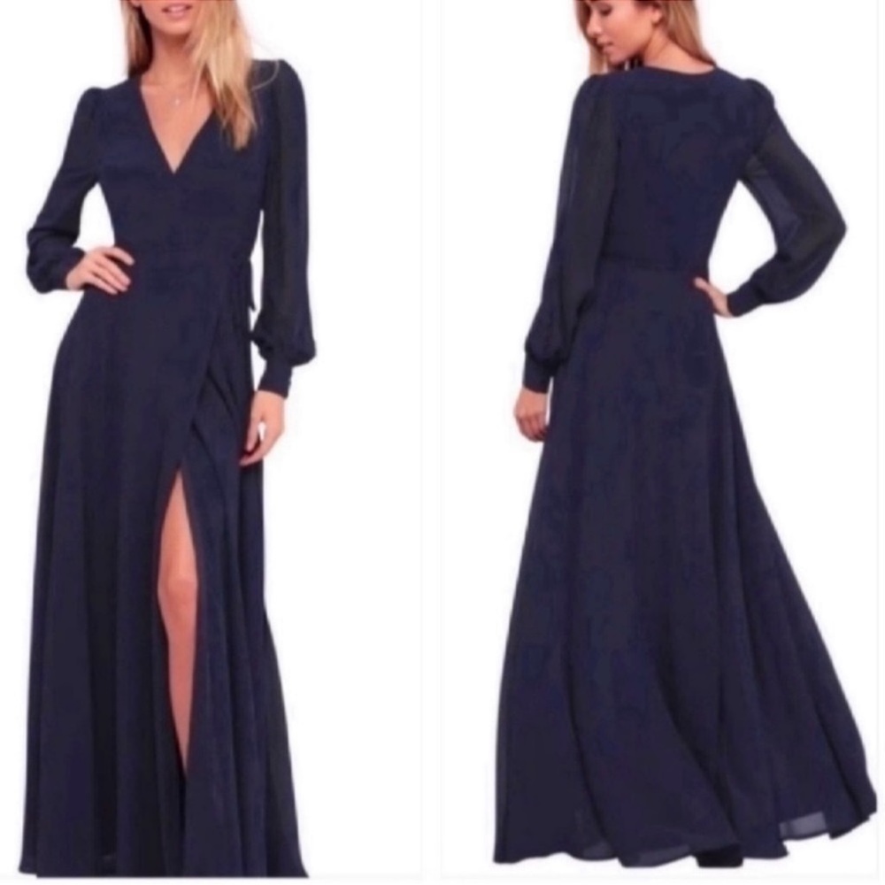 Lulus My Whole Heart Maxi Wrap Dress Size Medium NWT Navy Long Sleeve